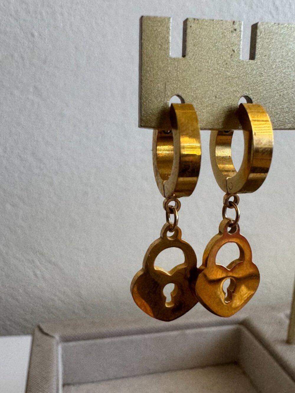 Gold Tone Heart Lock Dangle Hoop Earrings Stainless Steel - Picture 3 of 3